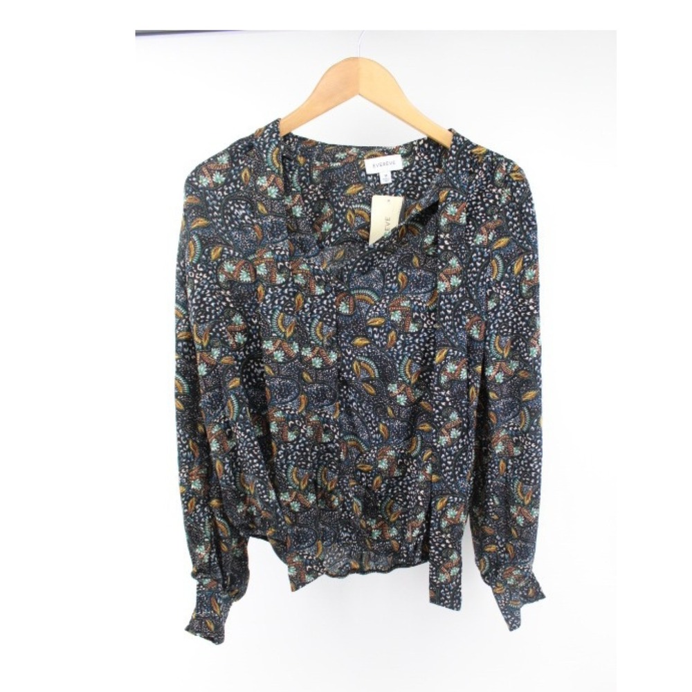 Evereve Charlie Tie Neck Blouse Women's Medium‎ Black Paisley Long Sleeve NWT